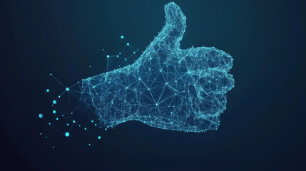 Poster - A hand with a thumbs-down gesture made of geometric shapes. It's a business concept, with tiny spheres forming from scattered pieces. It's a simple, blue design.low poly wireframe.