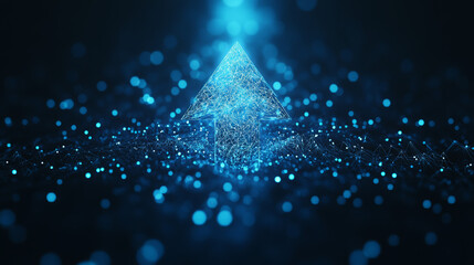 Poster - A blue arrow pointing upwards against a dark background symbolizes rapid growth and speed in technology. This abstract illustration uses low-polygon shapes, creating a futuristic low poly wireframe.