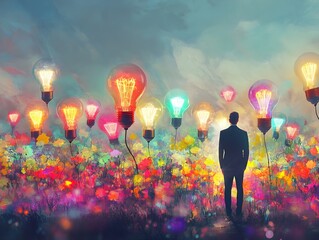 Poster - Man Standing Among Colorful Light Bulbs and Flowers