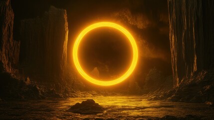 A glowing circular portal in a dark, rocky landscape, suggesting mystery and exploration.