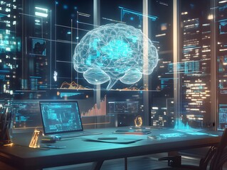 Aufkleber - Futuristic Office with Digital Brain Visualization