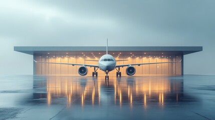 Airplane parked in a hangar on a rainy day with reflections.