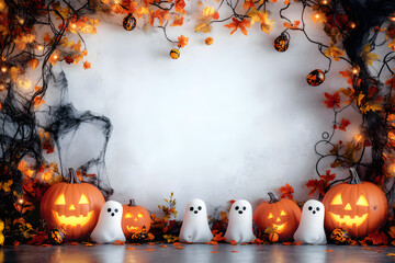 Wall Mural - Decorative border with pumpkins and cute ghosts and autumn foliage. Background for Halloween with Pumpkin