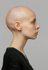 portrait of a bald woman head side view, isolated on transparent background