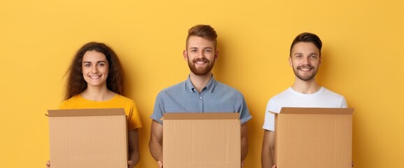 Three people are standing in front of a yellow wall