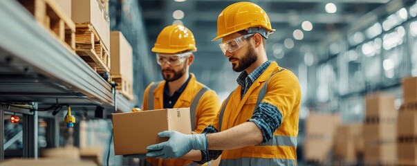 Two workers collaborating in a warehouse, focused on packing boxes efficiently.