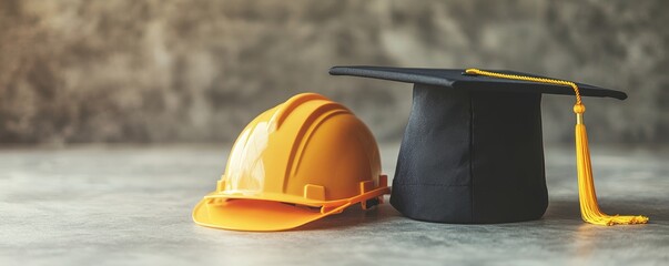 construction helmet and graduation cap on a textured surface