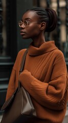 Wall Mural - Stylish woman wearing a brown sweater and carrying a leather bag in a city setting