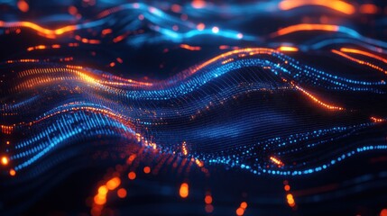 Poster - Abstract digital waves with glowing blue and orange lights, suggesting movement and energy.