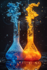 Poster - A dramatic moment in a lab where two chemicals are mixed in a beaker,