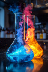 Poster - A dramatic moment in a lab where two chemicals are mixed in a beaker,