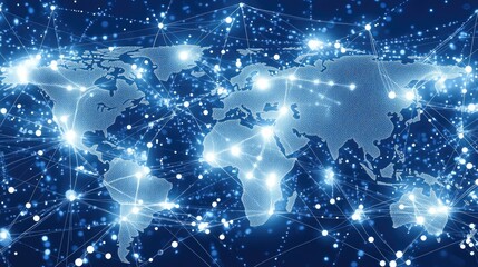 Fototapete - a world map designed with glowing connections highlights the global network of digital technology, i