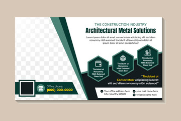 Poster - Architecture metal solutions banner design in horizontal layout. space for photo real estate social media feed poster template post. Vector illustration with green on element and white background.