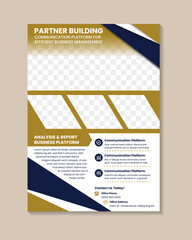 Poster - abstract flyer design template for partner building. Vertical layout with space for photo collage. combination gold and white as elements isolated on white background.