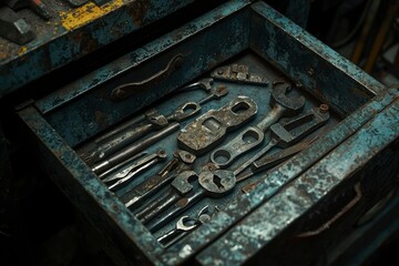 A Close-Up View of Rusty Tools in a Metal Toolbox