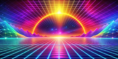 A neon grid and vibrant mountains fade into a celestial horizon with a glowing arc