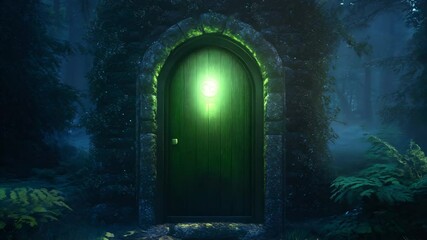 Wall Mural - Magical portal door in dark forest, fairytale entrance.