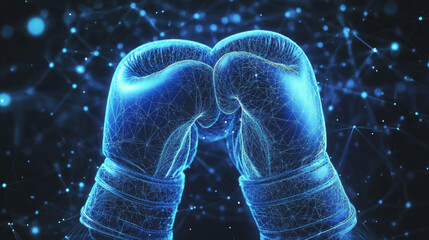 Poster - Modern, blue MMA gloves stand out against a futuristic tech background.  The design uses lines, dots, and shapes to create a dynamic, digital look. This image represents the future low poly wireframe.