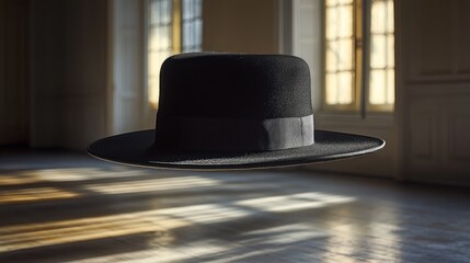 Canvas Print - A floating black hat in a sunlit room with wooden floors.