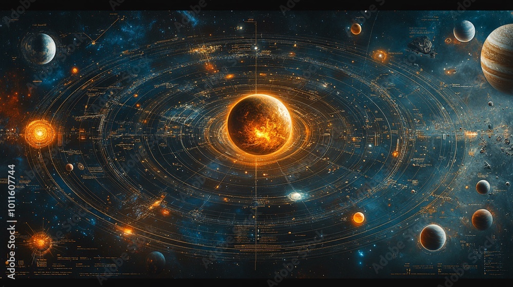this A detailed diagram of the solar system showing the positions and ...