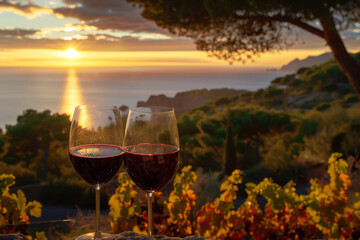 Autumn scene photography of some vineyards with warm colors, in the foreground there are two glasses of wine.