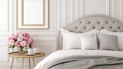 An empty wooden frame hangs on the wall of a Japandi-style bedroom, where neutral tones, soft textiles, and natural light create a serene atmosphere