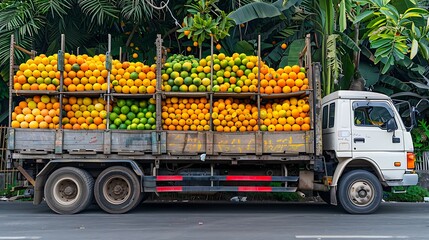 Orange fruit distribution. Truck full of oranges