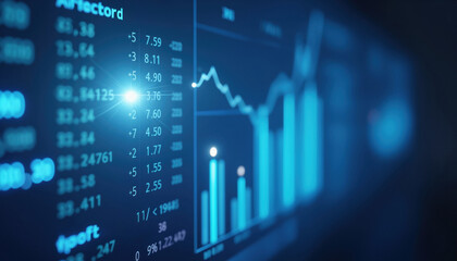 Poster - Stock Market Data with Blue Graphs: Close-up of a digital display with blue-toned stock market graphs, highlighting financial trends and data analysis.