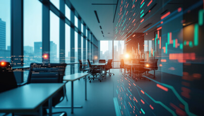 Poster - Futuristic Office with Digital Stock Projections: A futuristic office setting with digital projections of stock data, symbolizing technology-driven financial analysis and modern trading.