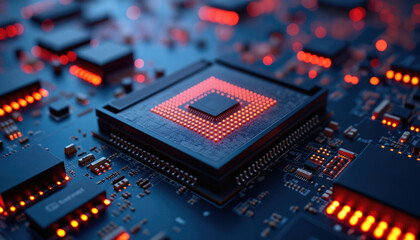 Poster - Red Processor on Dark Circuit Board: A red processor on a dark circuit board, representing high-performance computing and modern technology.