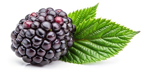 fresh blackberry with green leaves isolated on white background