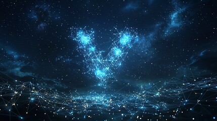 A V-shaped constellation intricately formed by bright blue nodes and lines, set against a starry cosmic background, symbolizing victory and vision.