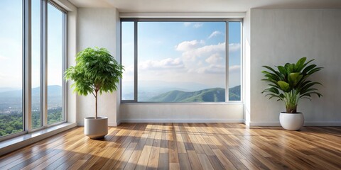 Empty Room with Large Window, Mountain View, and Two Plants, 3D Rendering, Interior Design, Minimalist, Home Decor