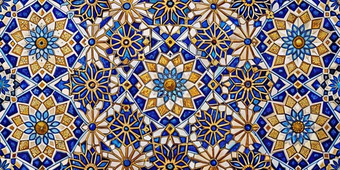 islamic geometric mosaic pattern blue, gold, and white tiles, islamic architecture, geometric design