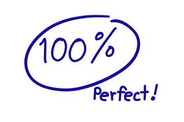 Hand written font of number 100% Perfect. Illustration for education. Concept, educational evaluation. Scoring with motivative complimentary word to encourage and motivate of learning. 