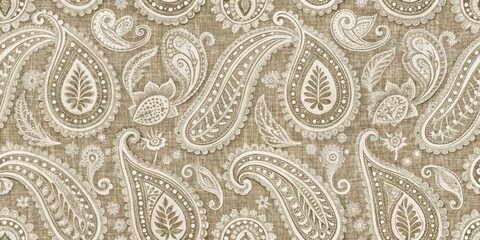 Vintage Paisley Pattern on Brown Linen, Brown, White, Pattern , paisley , pattern , vintage