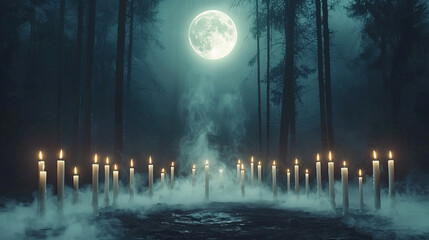 Burning candles against full moon background. Mysterious night scene. Mystical witch ritual, supernatural spiritual practice, witchcraft, magie, esoteric themes