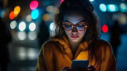 Young woman using her smartphone at night, enjoying time with friends,  the connection through mobile technology.