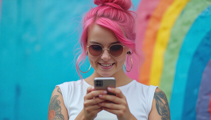 A woman with pink hair and sunglasses uses a smartphone