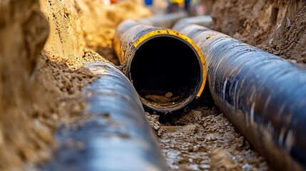 A close-up of an underground sewer pipe system under construction, showing the progress of urban infrastructure development