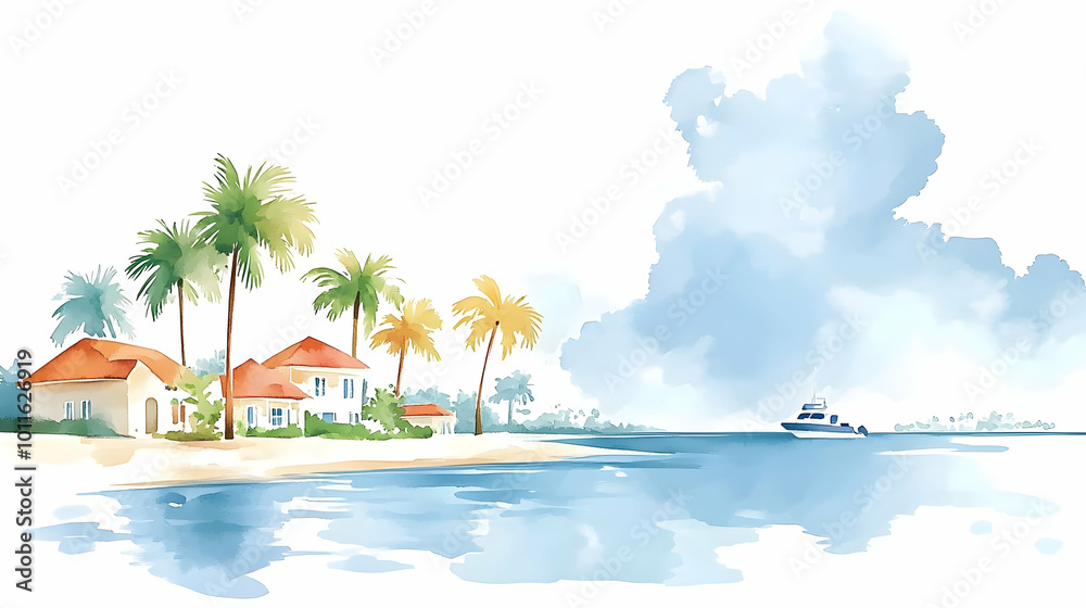 Watercolor Painting of a Tropical Beach Scene with Palm Trees, Houses ...