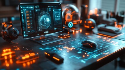 Poster - Modern workspace featuring glowing digital interface and phone device cables in a tech-focused setup
