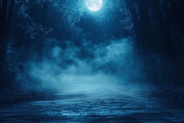 Wall Mural - Dark empty scene, night landscape, gloomy forest, nature scene with forest and moonlight, night view of the forest, fog, smog, smoke, street asphalt floor, mystical magic theme - generative ai