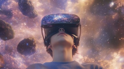 Aufkleber - Young man in VR headset immersed in a futuristic digital environment, tech and gaming.