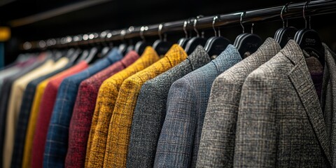 A vibrant display of colorful tweed jackets hanging neatly on a clothing rack in a sophisticated boutique store, showcasing various patterns and textures