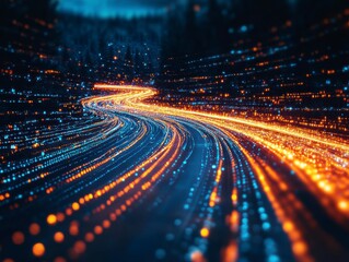 Nighttime road with light trails, creating a dynamic and vibrant motion effect.