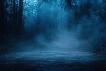 Wall Mural - Dark empty scene, night landscape, gloomy forest, nature scene with forest and moonlight, night view of the forest, fog, smog, smoke, street asphalt floor, mystical magic theme - generative ai