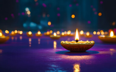 Canvas Print - Happy Diwali Diya lamps lit during Diwali, Hindu festival of lights celebration. Diwali diya oil lamps holiday background. Creating a festive and decorative composition