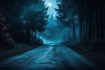 Wall Mural - Dark empty scene, night landscape, gloomy forest, nature scene with forest and moonlight, night view of the forest, fog, smog, smoke, street asphalt floor, mystical magic theme - generative ai