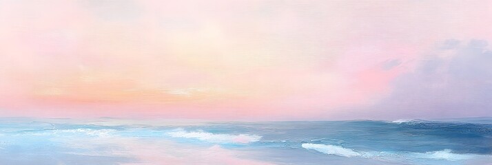 A serene watercolor of a beach at sunset, featuring soft pastel colors blending beautifully over gentle waves and a tranquil ocean horizon.